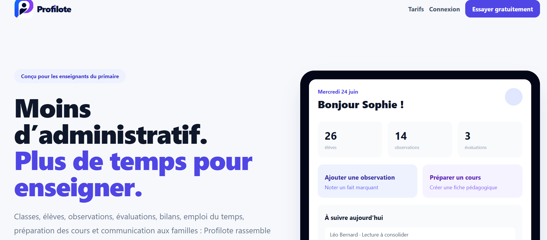 Aperçu de l'application Profilote pour les enseignants du primaire